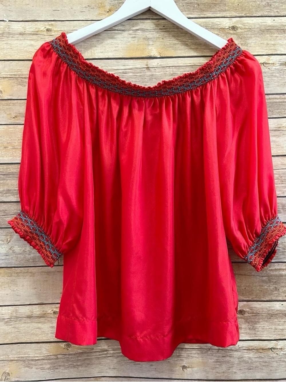 Trina Turk Red Off-Shoulder Peasant Blouse with Smocked Trim